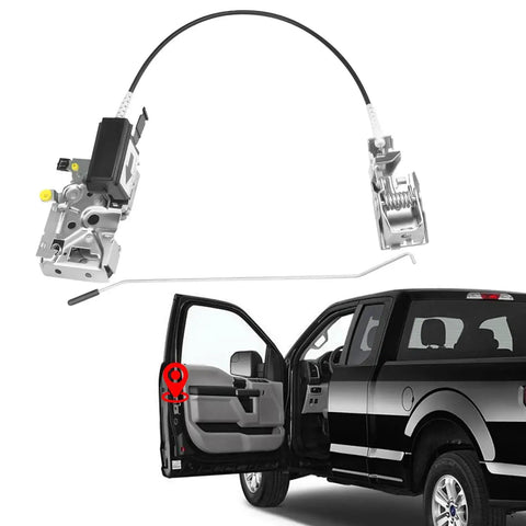 Front Left Door Latch Lock Assembly With Actuator And Cable Rod Kit For 1992 To 1997 Ford Bronco F150 F250 F350 Replacement F4TZ-15219A65-A F4TZ15219A65A shown with vehicle