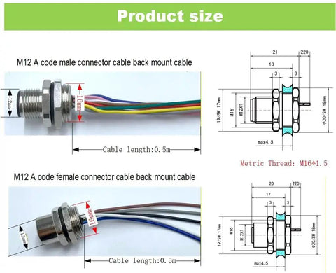 Diagram and dimensions of M12 5 Pin A Coded Connector Cable Female Panel Mount Extension Cable Flange Socket, 0.5m length, IP67 waterproof