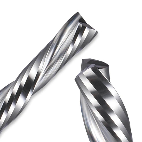 Close-up view of the Downcut Spiral Double Flute CNC Router Bit Set One Eighth Inch Shank Tungsten Carbide End Mills for wood, plastic, aluminum.