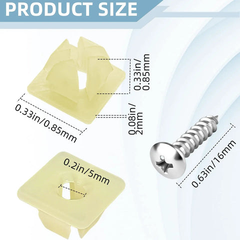 Set Of 20 License Plate Mounting Kit With Stainless Screws And Galvanized Nylon Bases For Front And Rear Plates On Cars Trucks And Frames Self Tapping Bolts To Replace Worn Out Hardware For A Clean Secure Fit product size diagram