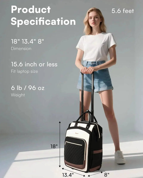 Woman with Sleek Rolling Laptop Backpack For Women With Wheels, 2 In 1 Vertical And Horizontal Storage, Dual Opening Design, Beige Brown
