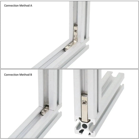 L Shape Corner Connector Bracket Set For 20x20 Aluminum Extrusion Profiles 6mm Slot installed in two connection methods, Method A and B