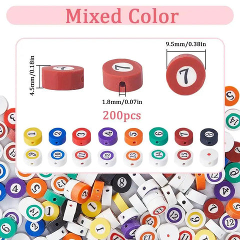 200 Piece Billiard Ball Print Polymer Clay Beads Set, colorful flat round spacer beads for jewelry making, DIY projects