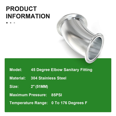 2-inch OD 304 stainless steel 45-degree sanitary elbow fitting with tri-clamp ferrule ends