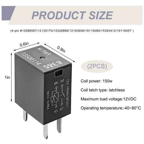 Two Pack 12V Car AC Relay 40A 4 Pin Quick Connect High Power Auto Relay for cooling fans and electrical systems with size details