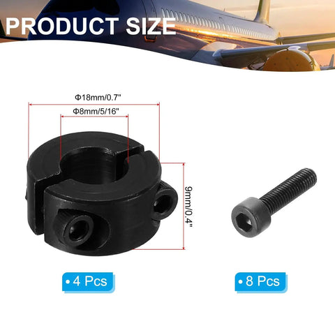 Heavy Duty 8mm Bore Double Split Shaft Collar Clamp Style Four Pack With 18mm Outer Diameter And 9mm Thick 45 Carbon Steel Locking Collars Set Screws For Machine Tools Industrial Applications Black Patikil with dimensions and screws depicted