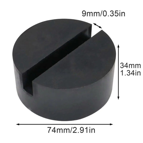 Heavy Duty Rubber Jack Pad With Anti Slip Rail Adapter Universal Car Lift Support Block Protects Undercarriage Jack Points Durable Wear Resistant Ideal For Most Cars Like Honda Toyota Nissan Hyundai Mazda And More, shown with dimensions 74mm x 34mm.