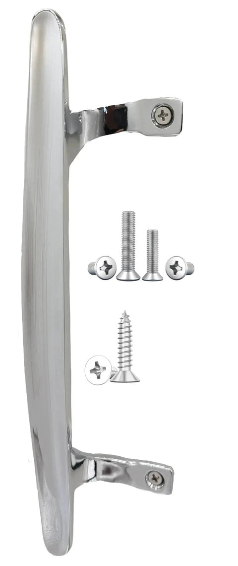 Sliding Patio Door Pull Handle in Chrome Silver Diecast Zinc Alloy Heavy Duty Construction with screws, viewed from the side.