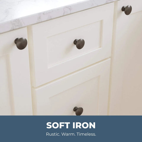 Fulton Soft Iron Round Cabinet Knobs One And Three Sixteenth Inch Easy Install Durable Hardware installed on white cabinetry