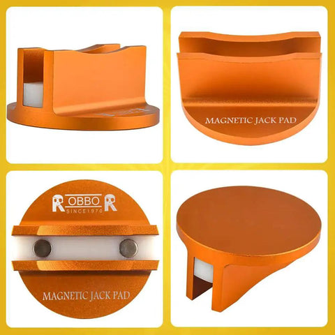 Pinch Weld Jack Pad Magnetic Aluminum Jacking Puck for Frame Rails and Cars shown in orange aluminum with magnetic base