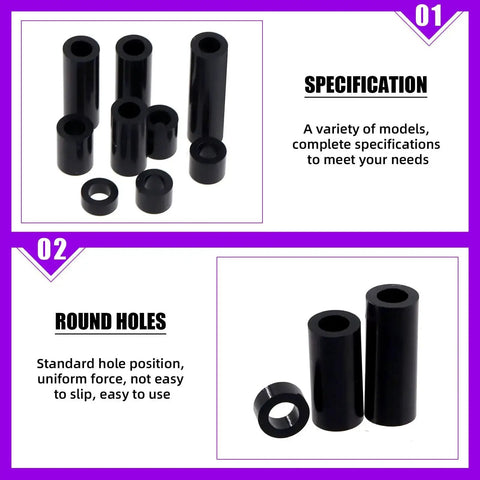 270-Piece Nylon Round Spacer Standoff Kit For M3 To M6 Screws, Black ABS Plastic with multiple sizes, front view