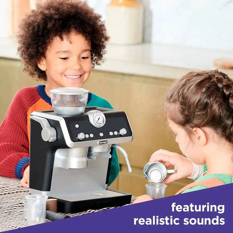 Casdon De'Longhi Toys Barista Coffee Machine, silver and black, with front control panel and steam wand