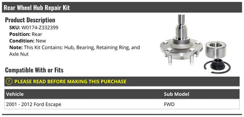 Rear Wheel Bearing Hub Repair Kit For 2001 2012 Ford Escape FWD With Hub Bearing Retaining Ring And Axle Nut Direct Bolt On Fit