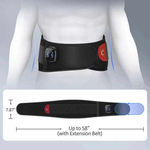 Cordless Heating Pad With Massager For Lower Back Pain Relief shown on person, adjustable strap, digital display, no cords wireless portable heat pad on the go