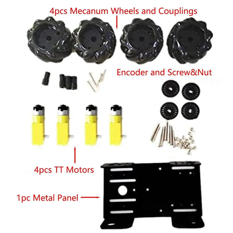 Components of Professional 60mm Mecanum Wheel Robot Chassis MC100 for Arduino, including wheels, TT motors, encoders, and metal panel.