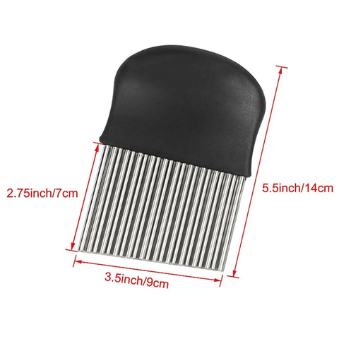 Crinkle Cutter Stainless Steel Wavy Slicer With Black Handle For No Fuss Veggie And Potato Cuts Durable Kitchen Gadget With Ergonomic Grip Sharp Crinkle Edge Dishwasher Safe Perfect For Cucumbers And Other Fresh Veggies shown with dimensions.