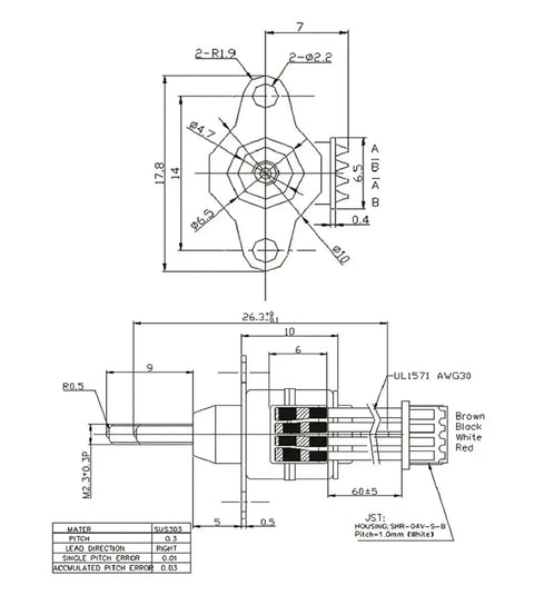 Technical drawing of 10Mm Precision Stepper Motor Electronic Starter DC 5V 6V Telescopic Linear Screw Shaft 6mm Stroke Linear Actuator.