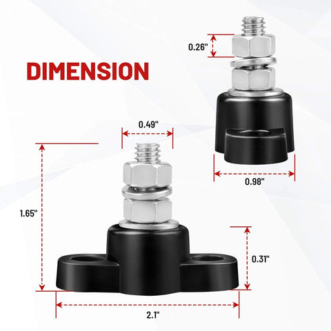 Dimensions of Beefy 12V 150A Power Distribution Block With Five Sixteenths Inch Stud M8 Terminal Bus Bar Dual Post For Auto Boat Marine Solar DC Battery Junction Positive And Negative 2 Pack