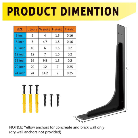 Product dimensions for Heavy Duty 10x6 Inch Shelf Brackets Set Of 4, shown with size chart and installation anchors
