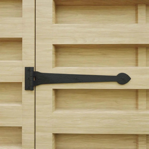 15 Inch Black Wrought Iron Strap Hinge With Spade Tip Heart Style for doors and gates mounted on wooden door, rustproof coating.