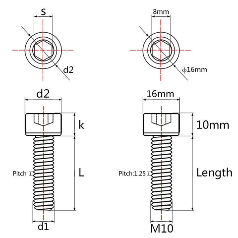 Diagram of Titanium Cap Allen Socket Head Bolts M10x25mm Kit Pack Of 4 For Heavy Duty Gearheads Crafted From 6Al4V Titanium Grade 5 DIN 912