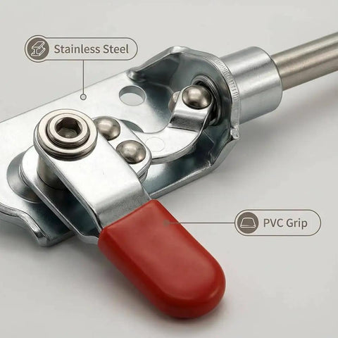 Close-up of Heavy Duty Toggle Clamp With 88 Lb Holding Power Anti Slip Latch For Woodworking And Welding, featuring red PVC grip and stainless steel