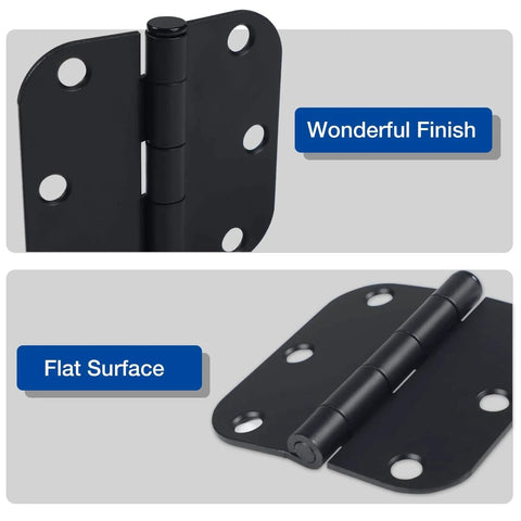 Six Pack Three Inch Matte Black Interior Door Hinges With Rounded Edges Five Eighth Inch Radius, Heavy Duty Iron Hardware, close-up view