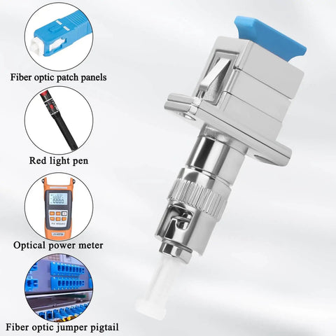 Hybrid Fiber Optic Adapter ST Male To SC Female, Plug And Play Singlemode 9/125 Micron shown with related tools