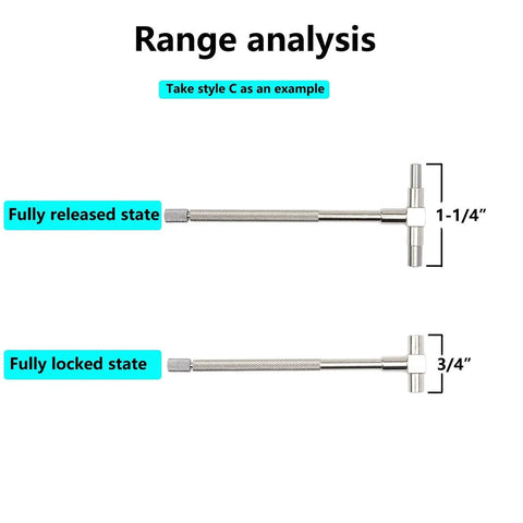 Versatile Pro Grade Gear Telescoping Bore Gauge Set For Precise Inside Hole Measurements Five Sixteenth Inch To Six Inch Range In Stainless Steel With Pouch High Precision T Gauge Kit For Machinists And Hobby Metalwork - Range analysis example showing fully released and fully locked states.