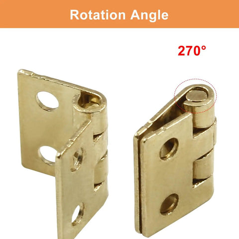 Tiny Brass Hinges Pack Of 50 Pieces Measuring 0.31 By 0.39 Inches For Mini Cabinets Jewelry Boxes Dollhouse DIY Craft With Mounting Screws Great For Small Box Hinges And Tiny Cabinet Doors Zorveiio, showing rotation angle.