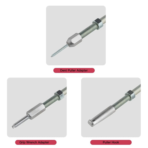 Nine Way Slide Hammer Puller Set 5 Pound Heavy Duty Tool Kit with dent puller adapter, grip wrench adapter, and puller hook attachments.