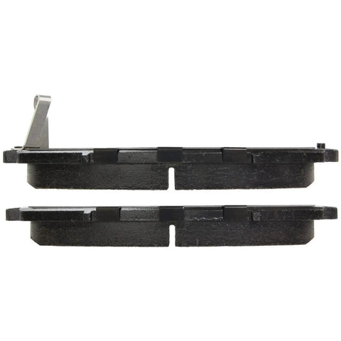 Side view of a pair of Centric ceramic front brake pads with a metal retention tab on the left.