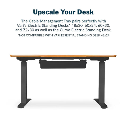 Under Desk Cable Management Tray For Sit Stand Desks, Keeps Cords Tidy And Out Of The Way, Fits 48x30, 60x24, 60x30, 72x30 Electric Standing Desks, Easy Assembly, Black, shown installed under desk.
