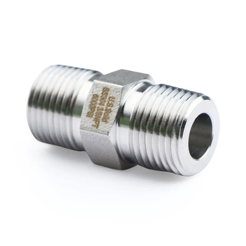 Hex nipple, 304 stainless steel, 3/8 NPT male threads on both ends for high-pressure piping