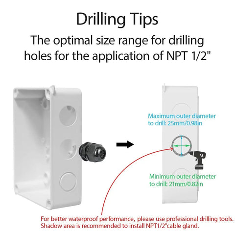 Diagram showing drilling tips for Rugged Outdoor IP65 Weatherproof Dustproof Junction Box For Electronics Enclosures with NPT glands.