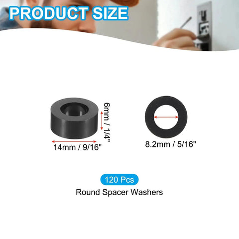 120Pcs M8 ABS Round Spacers Set 5/16 Inch ID 9/16 Inch OD 1/4 Inch Thick Black Plastic Standoff Washers product size display