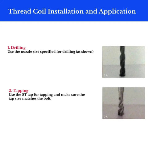 Instructions for using 50 Piece Metric Helicoil Kit M10 X 1.5 X 2.5D Wire Thread Insert Sleeve Bushing with images of drilling and tapping.