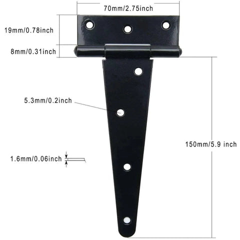 Diagram of 4 Piece Black T Strap Gate Hinges Set With Screws, Six Inch Heavy Duty Rustproof Hinges for Wooden Fences and Metal Gates