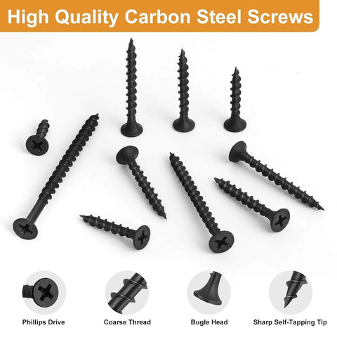 170 Pieces Size 6 1.5 Inch Drywall Screws Set, Black Coarse Thread Wood Sheetrock Screws With Phillips Drive displayed on white background