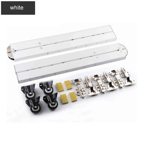 Hidden Desktop Folding Connector Accessories Set With Hydraulic Rod Hinges in white, including folding stands, hinges, and wheels.