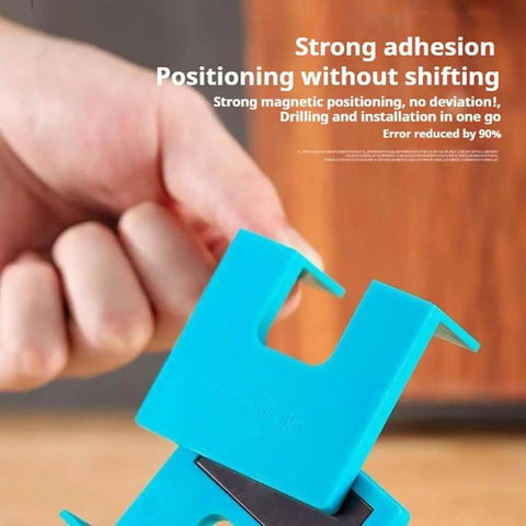 Close-up of blue Magnetic Hinge Guide Kit For No Drill Needed Quick Door And Cabinet Installations in hand showing features.