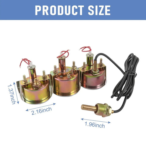 Back view of 2 Inch Triple Gauge Kit components for Oil Pressure Gauge 0-100 PSI, Water Temperature Gauge 100-280F, Voltmeter 8-16V.