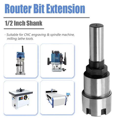 Half Inch Shank ER20 Router Collet Extension Rod with CNC machine compatibility for engraving and milling shown beside machines