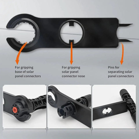 Tool for gripping and separating solar panel connectors, shown with detailed views of connector engagement points and features.