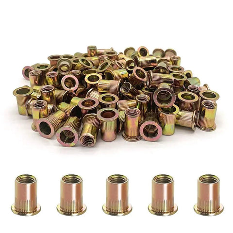 3/8-16 Carbon Steel Rivet Nuts Assortment Kit Flat Head UNC Inserts 100 Pcs with pile view and individual rivet nuts