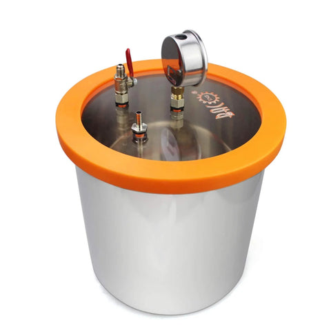 BACOENG 3-Gallon resin trap vacuum chamber, stainless steel body with orange lid ring and metal fittings.