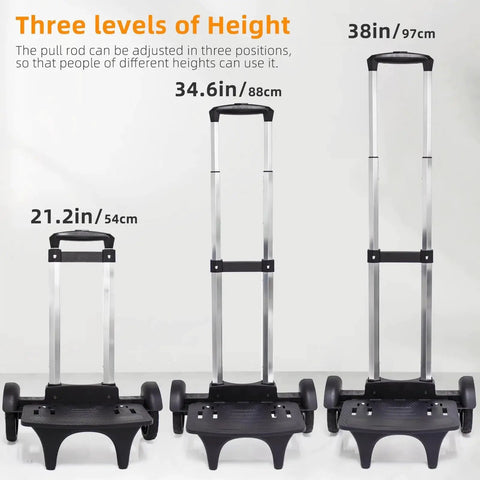 Transformable Backpack Trolley Cart with Aluminum Alloy Frame shown with three adjustable height levels and large tank wheels.