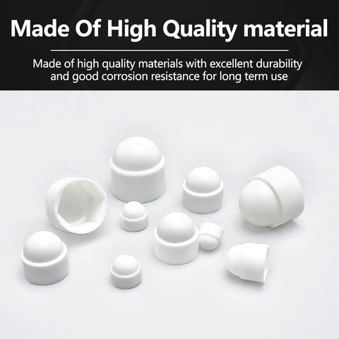 197 Piece White Plastic Bolt Covers Set For Hex Bolts M4 To M12, showcasing multiple sizes of protective caps against rust and dust.
