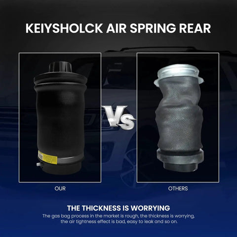 KEIYSHOLCK rear air spring pair: left thick black rubber unit with yellow label; right wrinkled mesh-covered unit.