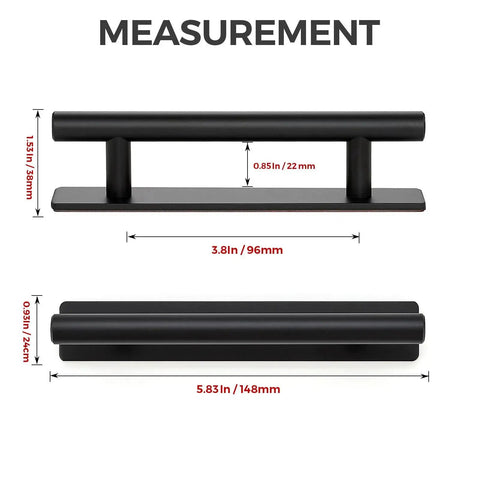 4 Pack Adhesive Cabinet Handles Peel and Stick Black Pull Handles for Kitchen Cabinets Cupboards Drawers Closets 5.83 Inch Length Zinc Alloy Durable Smooth Surface Easy Grip No Drill Installation measurement diagram